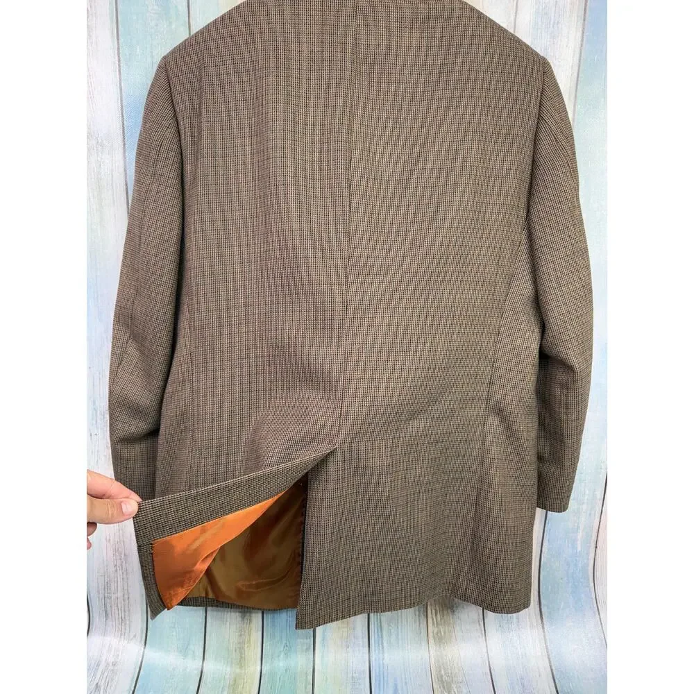 Alan Flusser Lambswool Blazer Jacket Size 42R Brown Tan Plaid Houndstooth